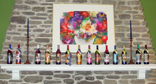 Marjim Manor award winning wines lined up on mantel