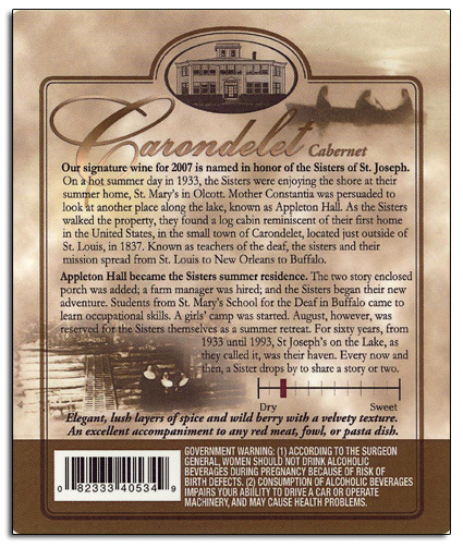 Carondelet back label in honor of the Sisters of St. Joseph