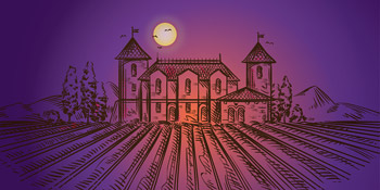 drawing of haunted castle with full moon